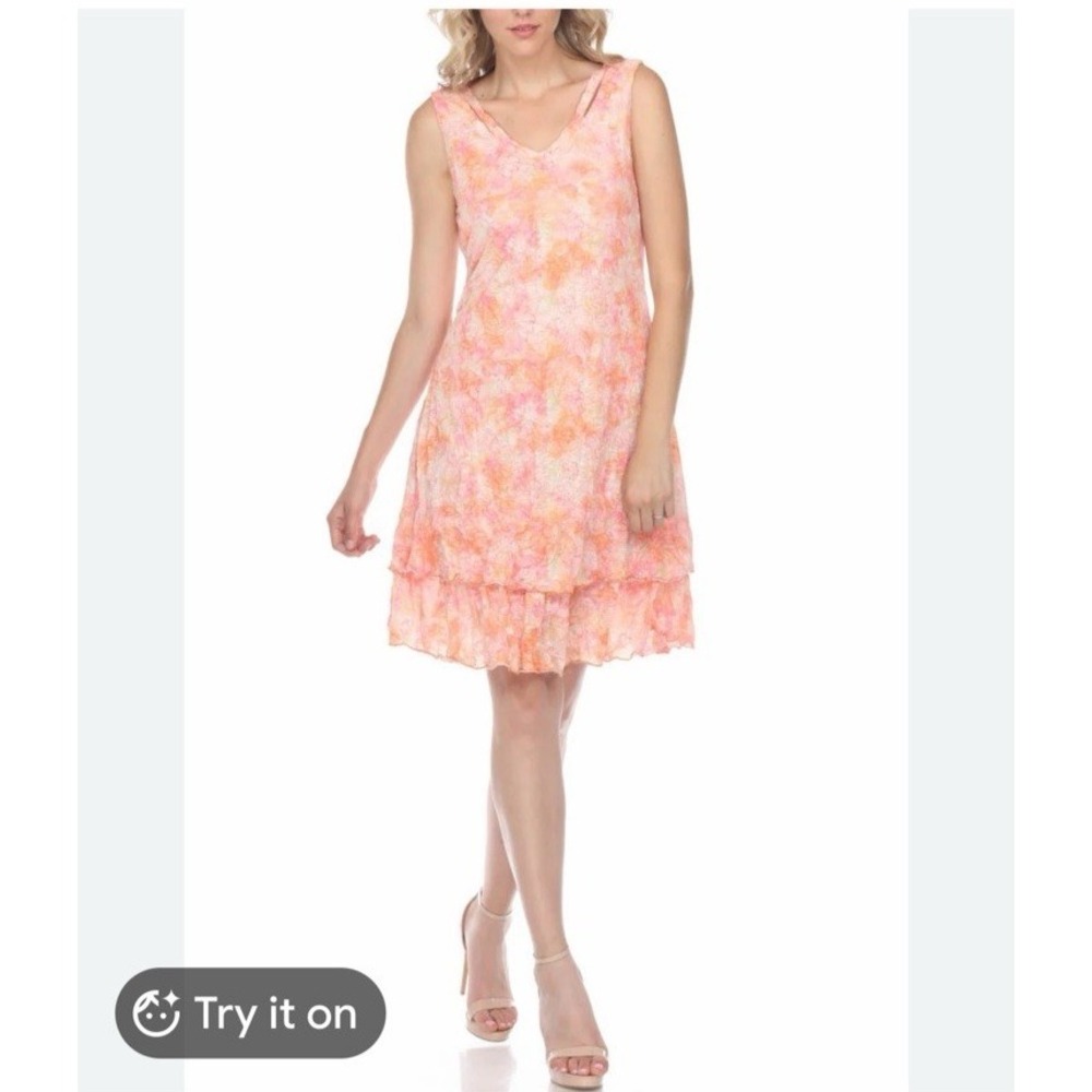 Carine Wang Crinkle Tiered Sleeveless Darcy Dress NWT Pink Blue Watercolor Large